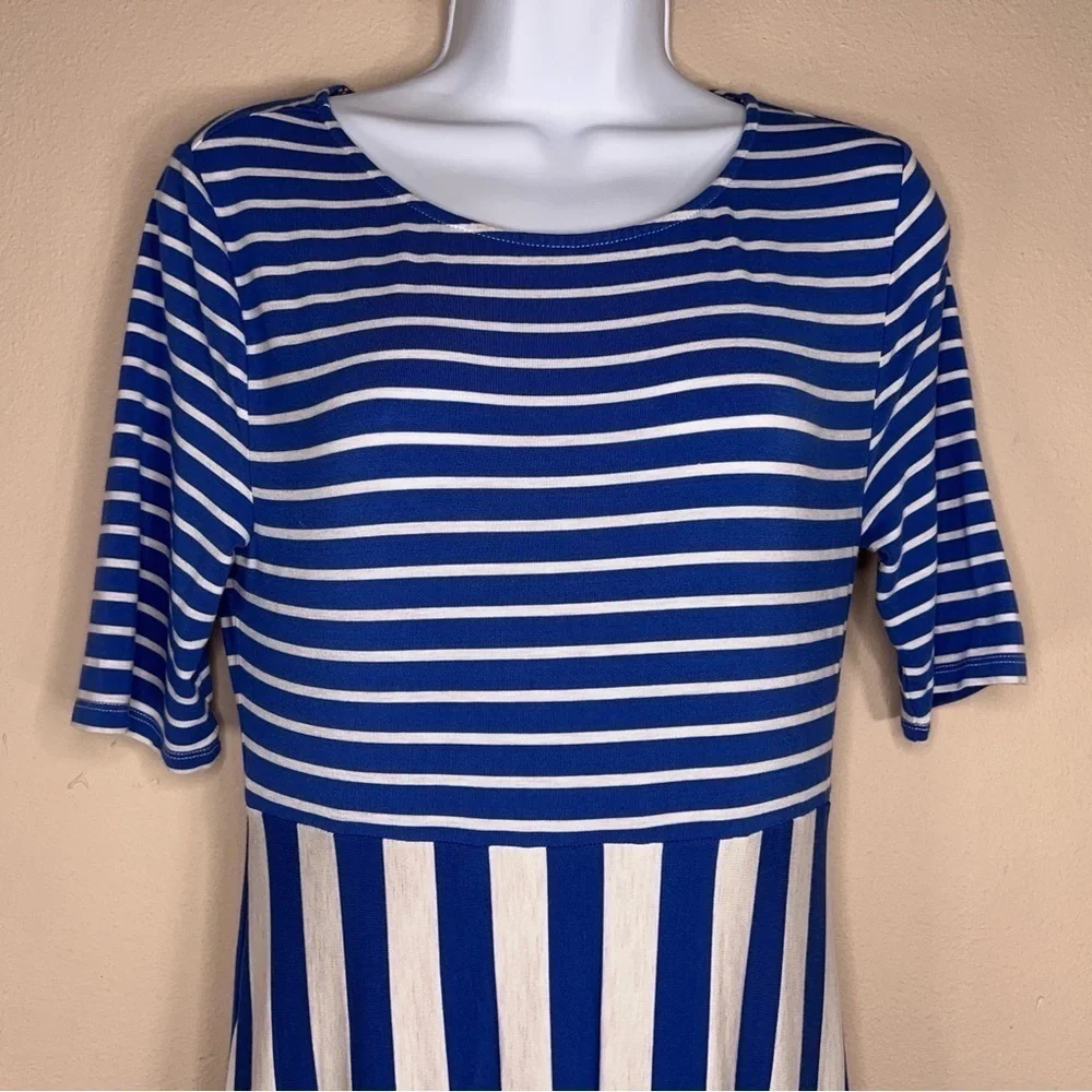SMALL MATILDA JANE BLUE WHITE STRIPED DRESS STRETCH MAXI 3/4 Sleeve